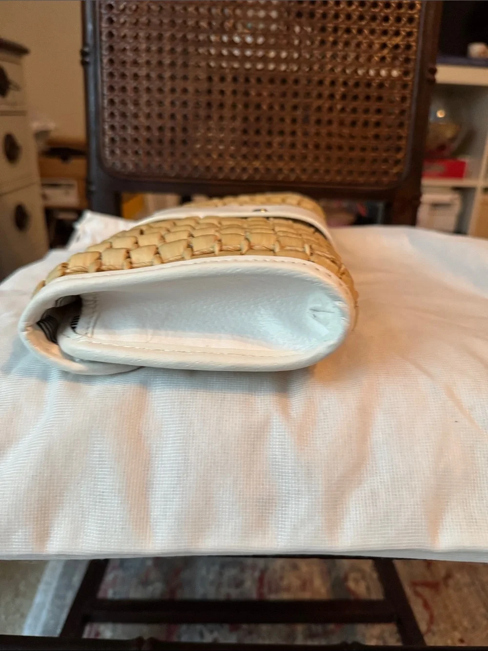 Vintage kate spade Natural Straw Clutch with White Leather Trim and Turn-Lock